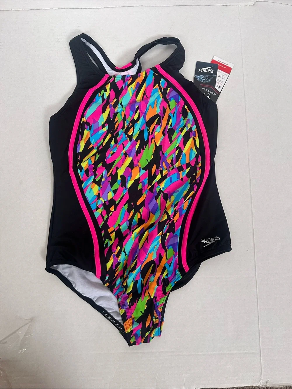 Speedo Black One-Piece with Bright Multi-Color Abstract Front